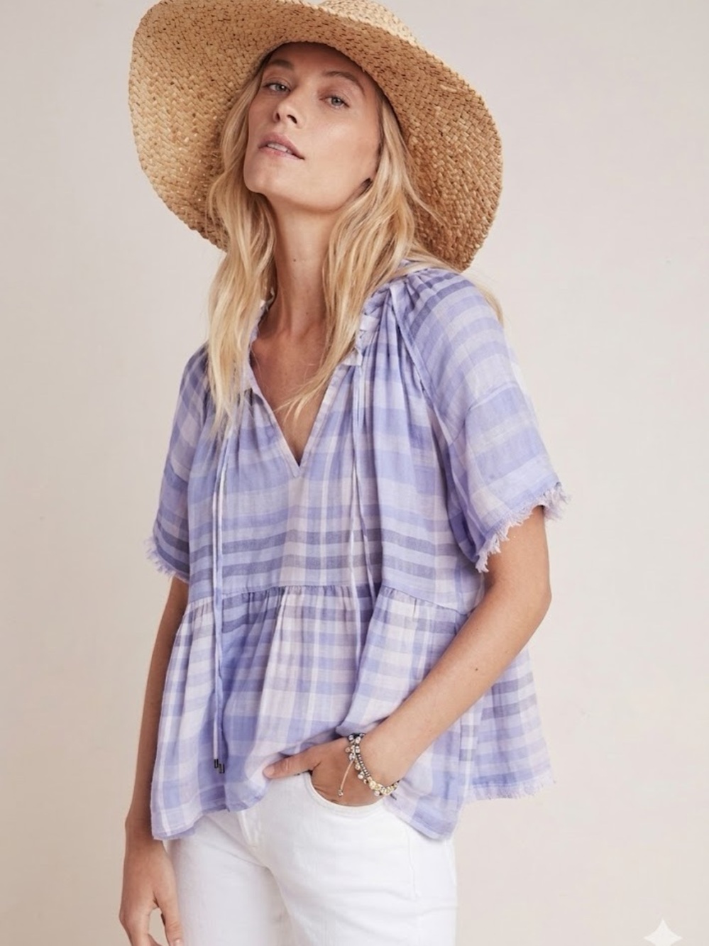 Pilcro and the Letterpress Lavender Plaid Peasant Blouse